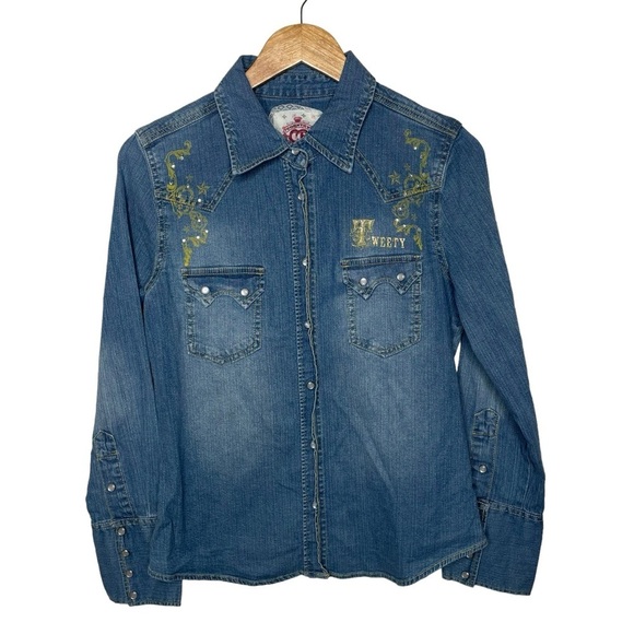 Country Royalty CR Tweety Country Chic Pearl Snap Button Up Denim Shirt - Picture 3 of 16